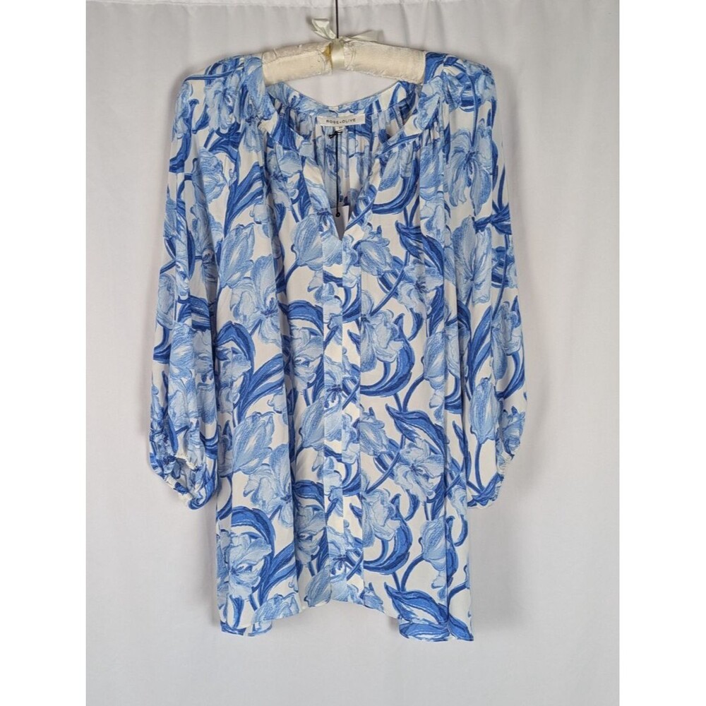 Rose + Olive Blue White Floral V Neck Blouse Size 2X NWT 3/4 Balloon Sleeve